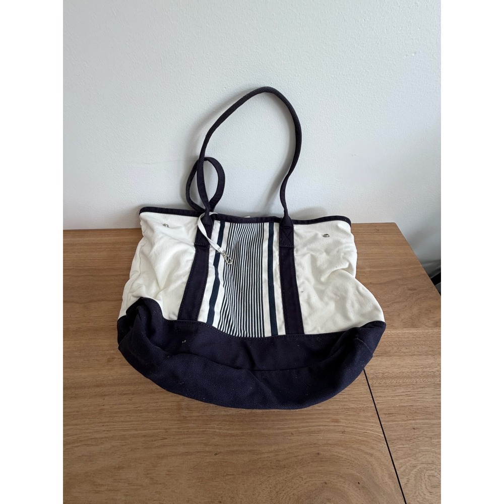 Lands End Navy Blue White Striped Canvas Tote Bag Nautical Beach Bag